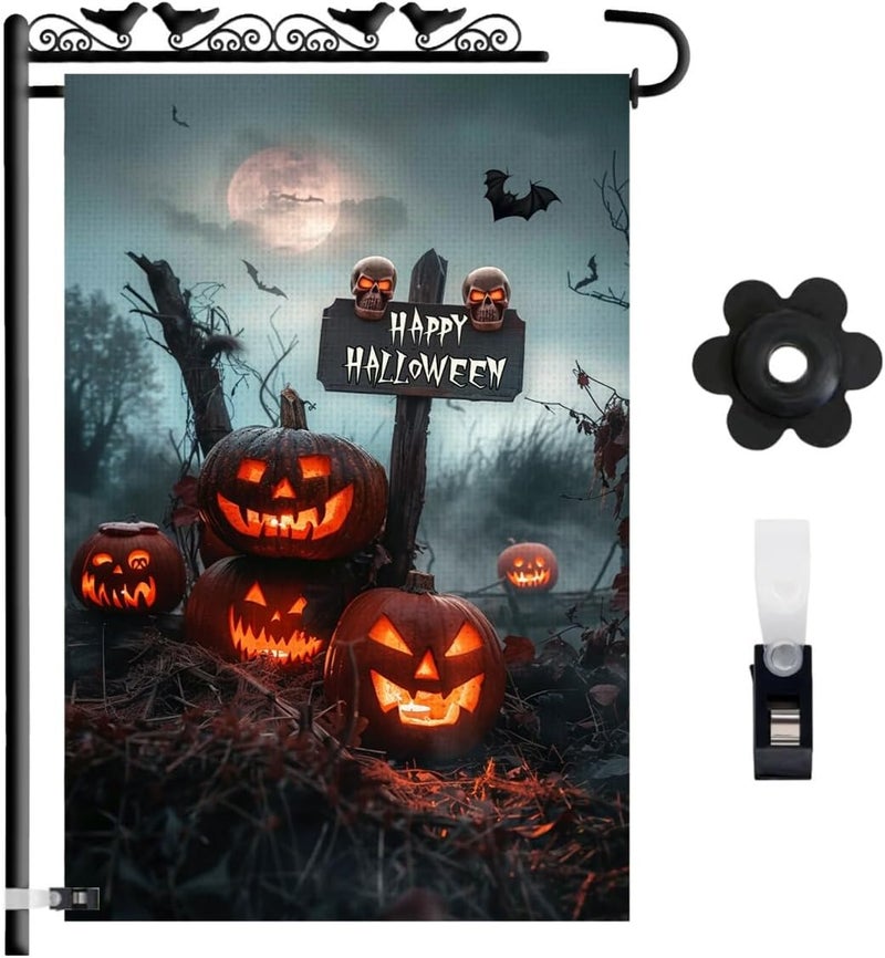 KarvePro Happy Halloween Garden Flag 12x18 – Double Sided Burlap Fall Outdoor Flag with Jack-o'-Lanterns, Skulls, Bats & Graveyard Scene - Image 1